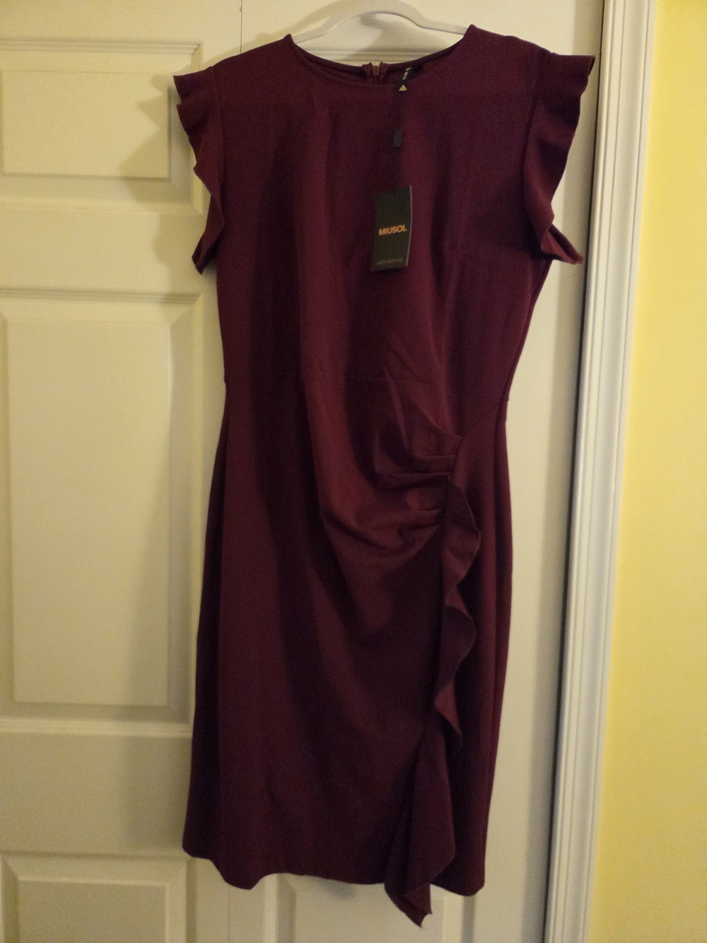 Miusol Women's Ruffle Sheath Dress in Deep Burgundy
